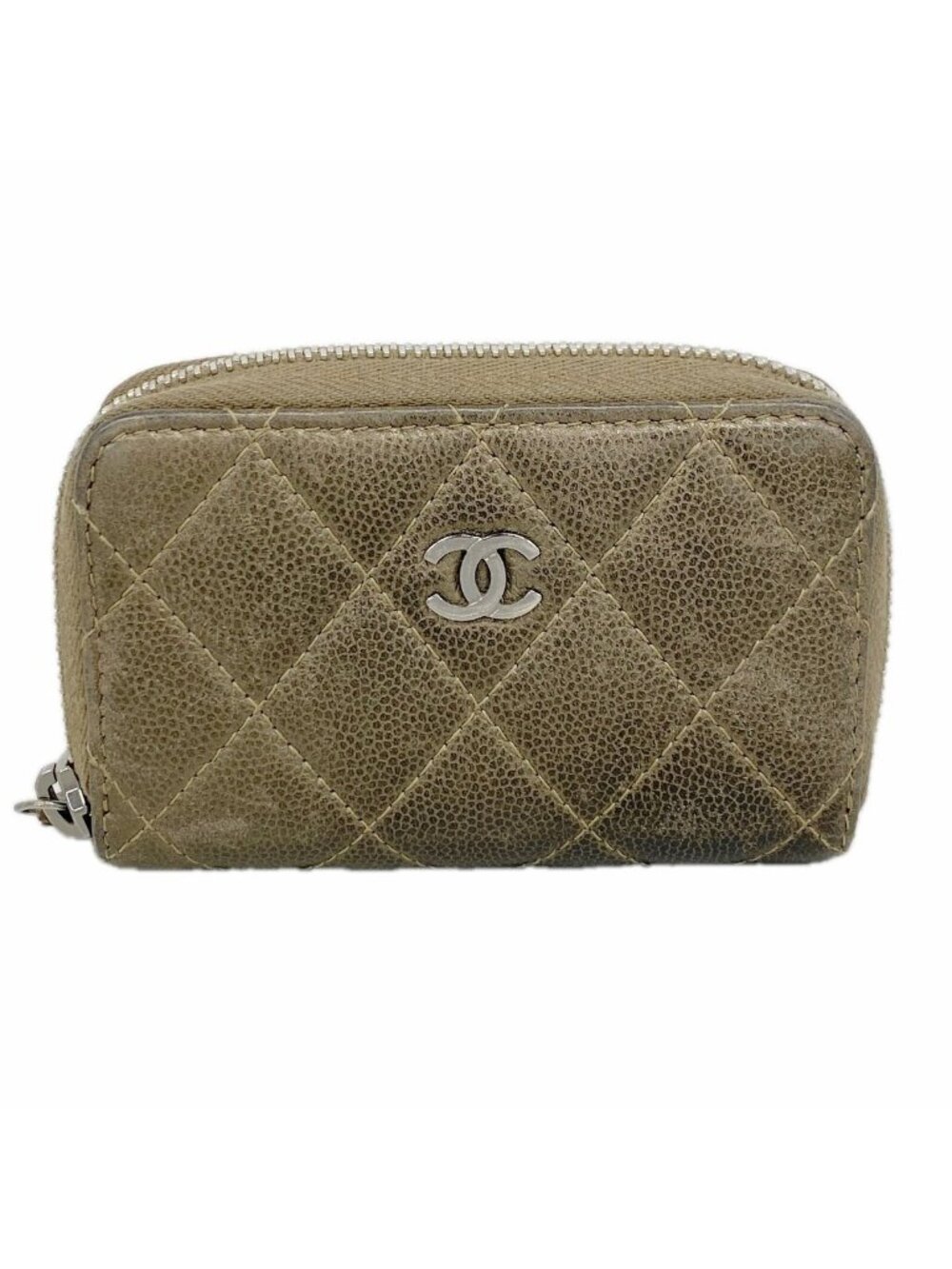 Chanel Coin Purse Quilted Caviar Leather Brown Silver